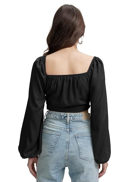 tokyo talkies women's puff long sleeves front pull up tie up crop top tokyo talkies women's puff long sleeves front pull up tie up crop top