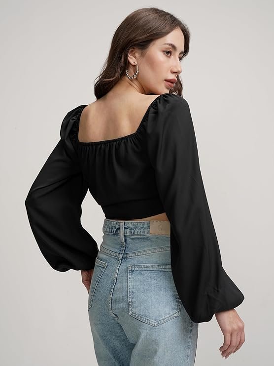 tokyo talkies women's puff long sleeves front pull up tie up crop top tokyo talkies women's puff long sleeves front pull up tie up crop top