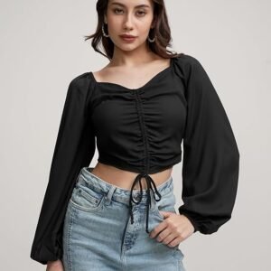 tokyo talkies women's puff long sleeves front pull up tie up crop top