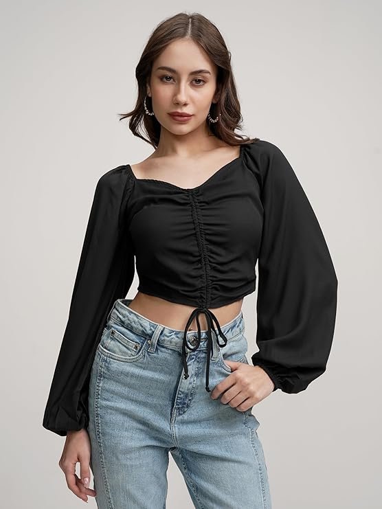 tokyo talkies women's puff long sleeves front pull up tie up crop top tokyo talkies women's puff long sleeves front pull up tie up crop top