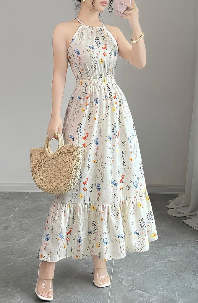 blooming grace floral halter neck maxi dress