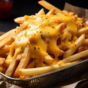 Side view of a plate of cheesy fries, with golden…